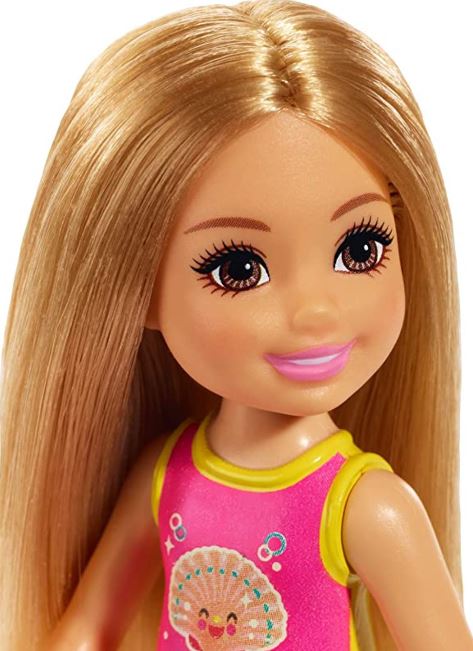 BARBIE CLUB CHELSEA BEACH DOLL DARK BLONDE HAIR PINK SHELL