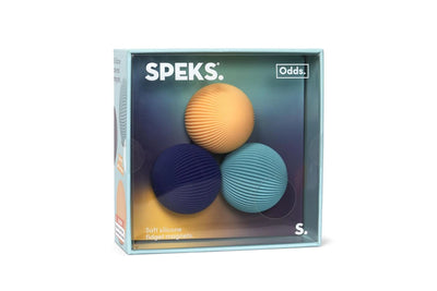 Speks Odds S soft silicone fidget rings in a light blue box, showing three textured rings in orange, navy blue, and teal.