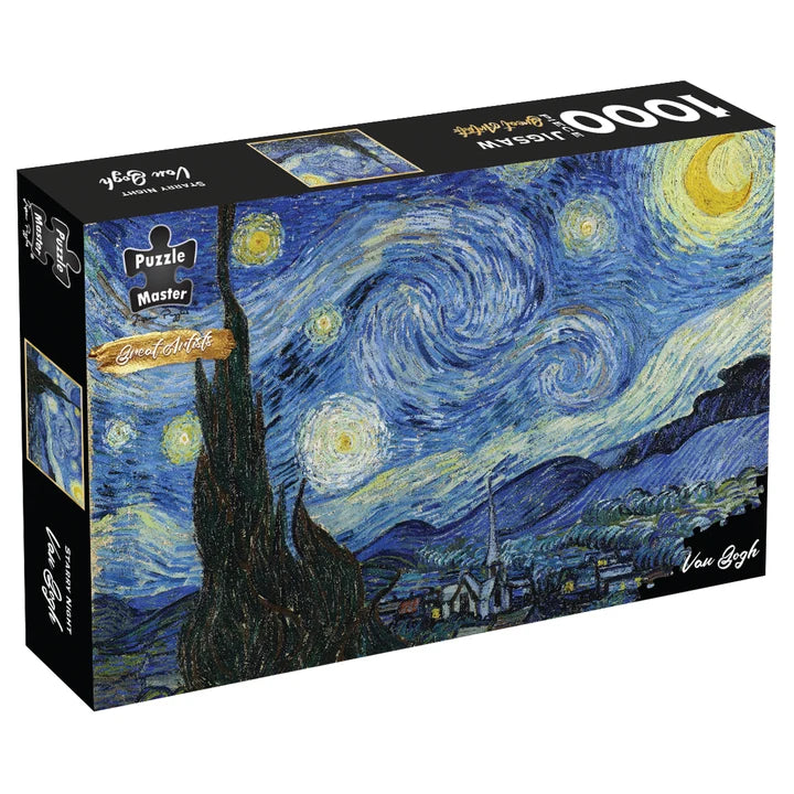 A 1000-piece jigsaw puzzle box featuring Van Gogh's 'The Starry Night' artwork, shown at a three-quarter angle on a plain white background.