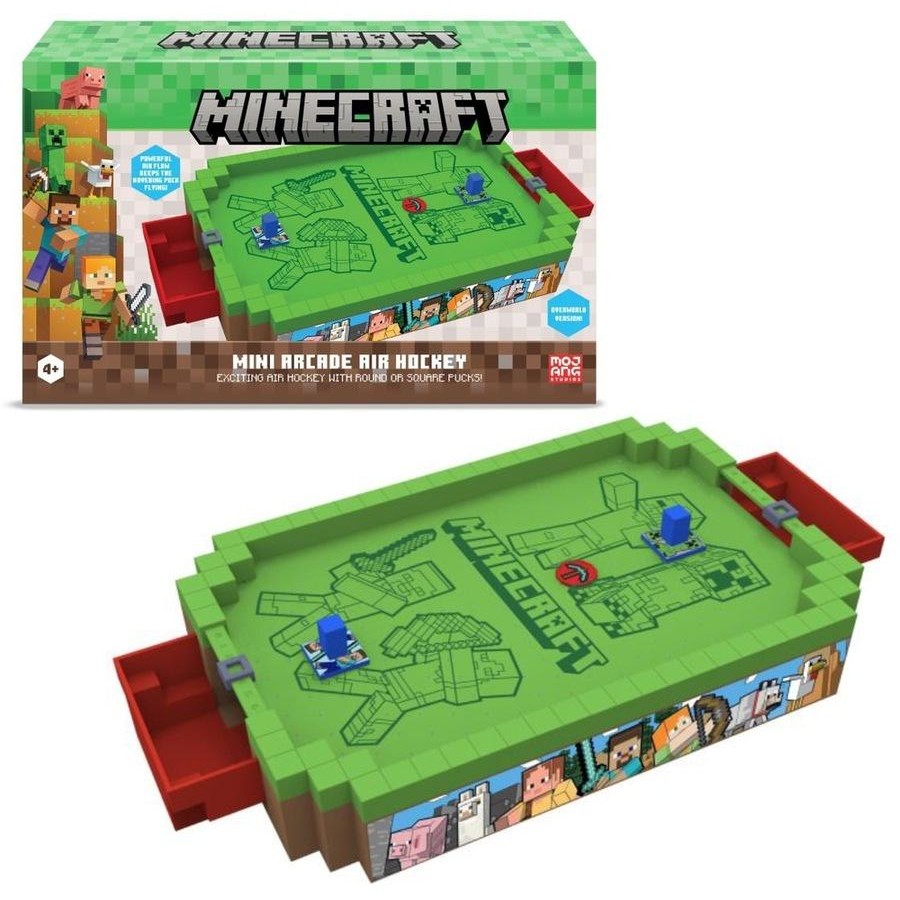 Minecraft Mini Arcade Air Hockey game shown with its retail box above and the assembled tabletop game below on a white background.
