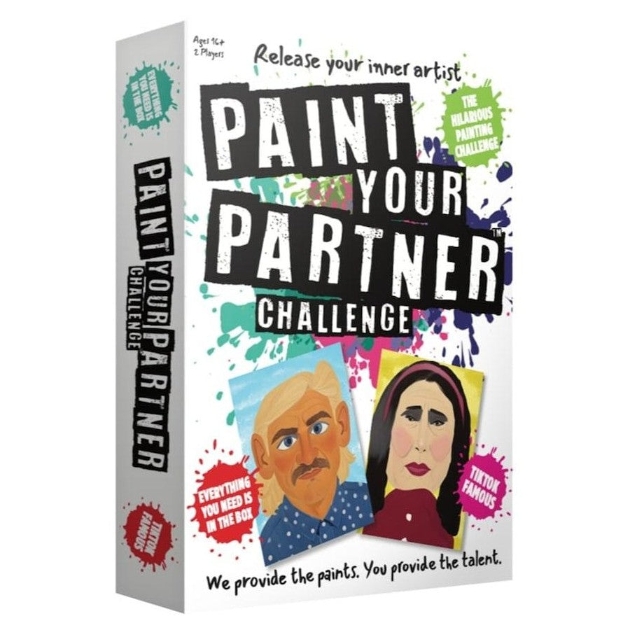 Paint Your Partner Challenge game box shown at a slight angle on a white background, featuring colorful paint splatters, illustrated portraits of a man and a woman, and bold black title text.