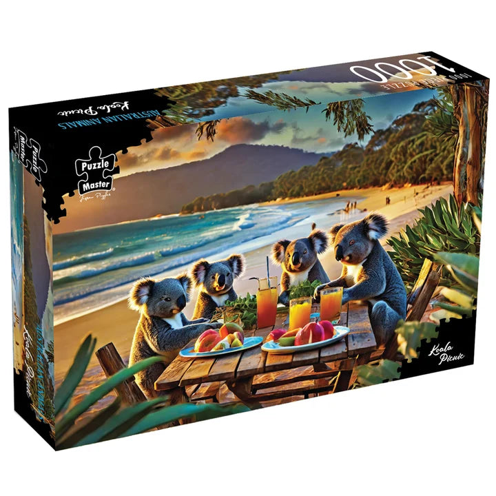 Puzzle box featuring koalas at a beach with a sunset
