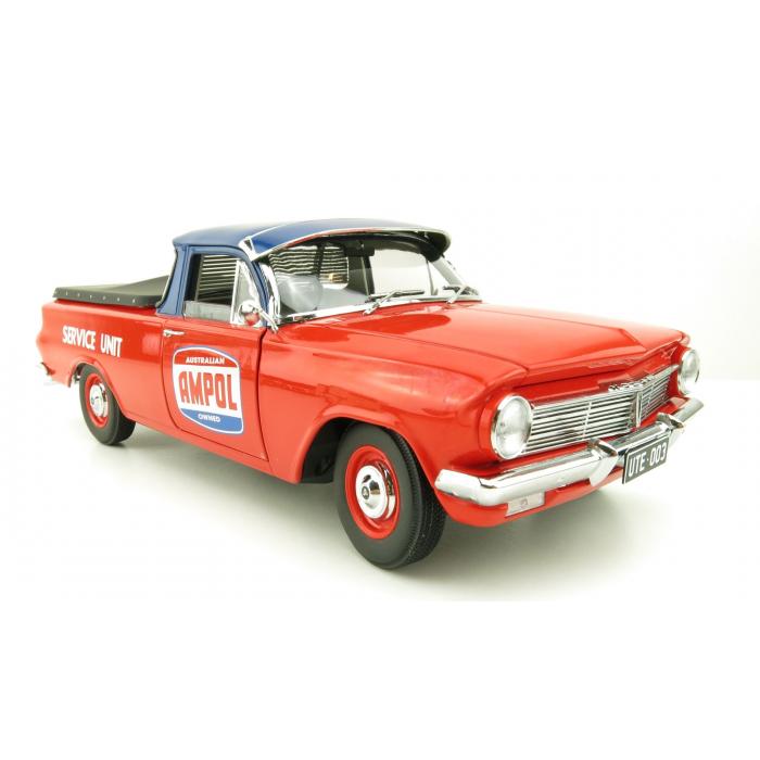 Model of a red vintage car with Ampol branding on a white background