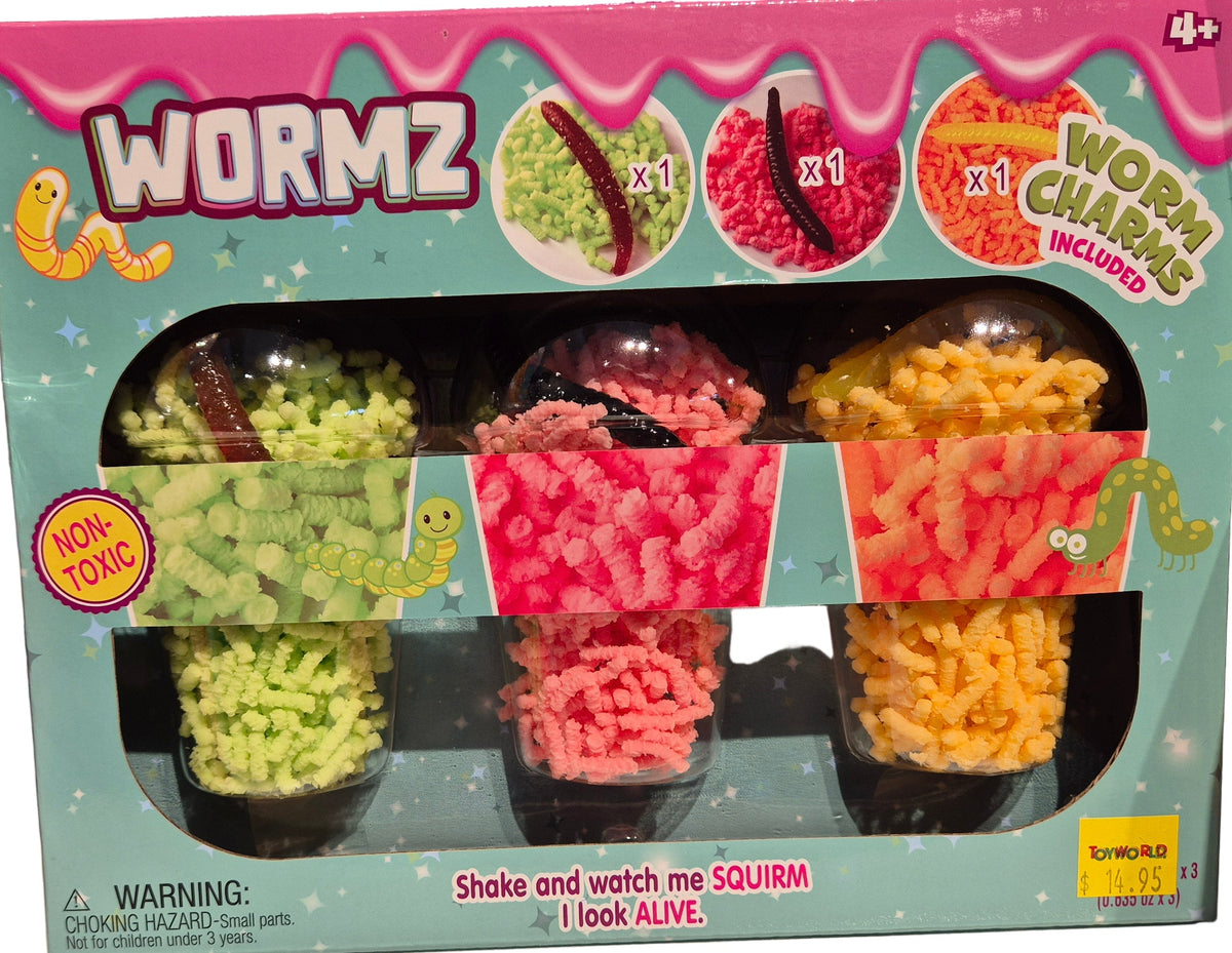 Box of Wormz toy set with colorful packaging on a shelf.