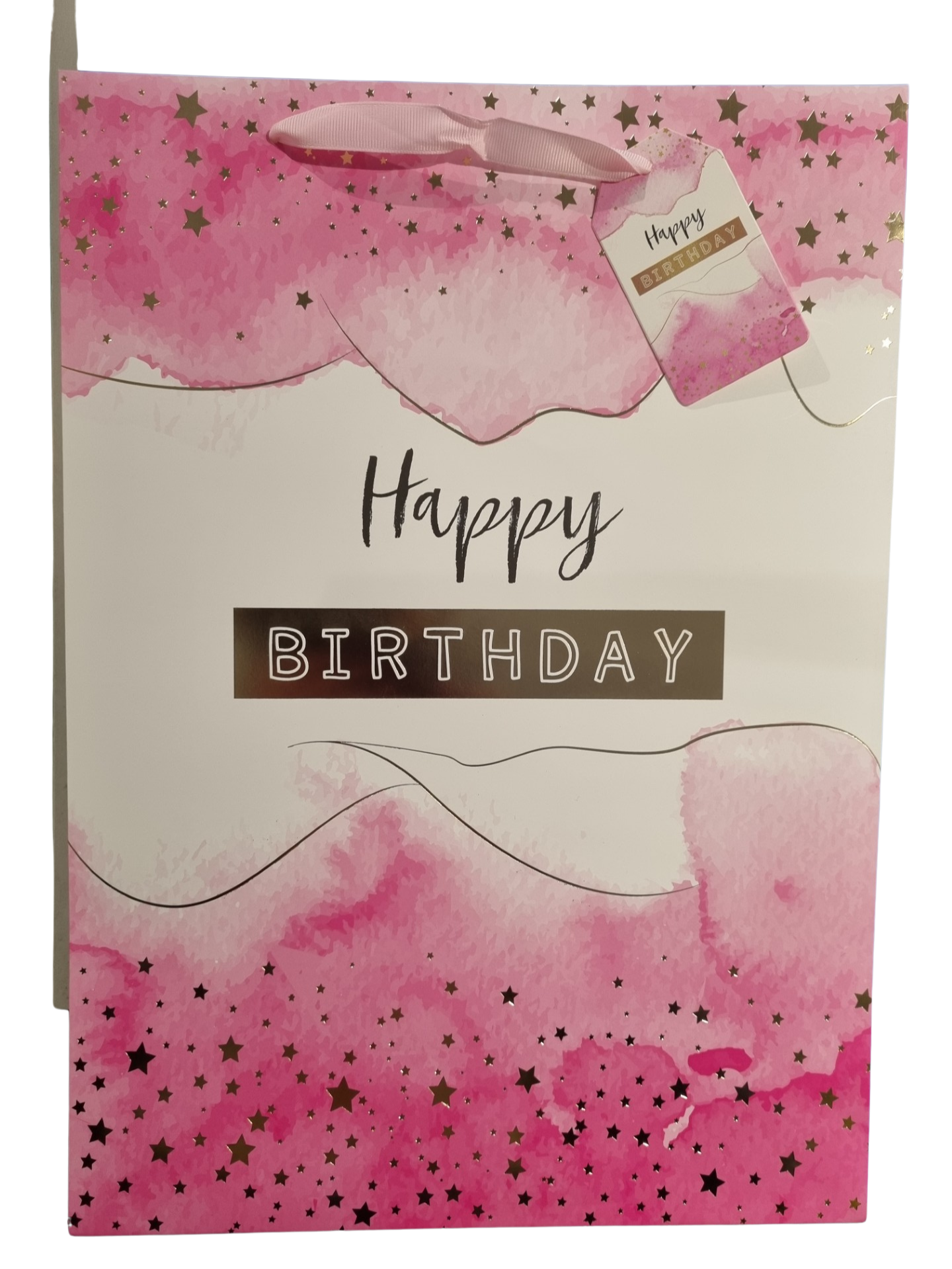 GIFT BAG LARGE - HAPPY BIRTHDAY 37366 - PINK AND WHITE STARS