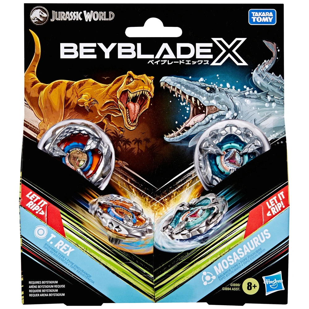 BEYBLADE X JURASSIC WORLD COLLAB MULTIPACK - T.REX AND MOSASAURUS - Toyworld Frankston
