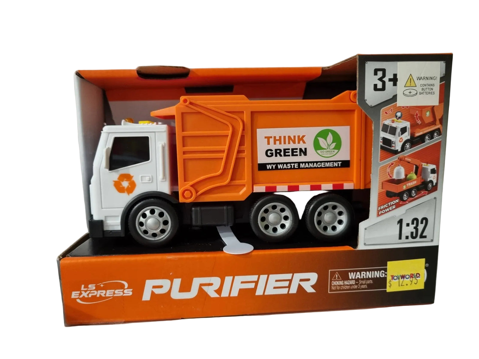 A toy garbage truck in its retail packaging, featuring an orange and white body with 'THINK GREEN WASTE MANAGEMENT' printed on the side. The box is branded 'LS EXPRESS PURIFIER' and includes age and warning labels.