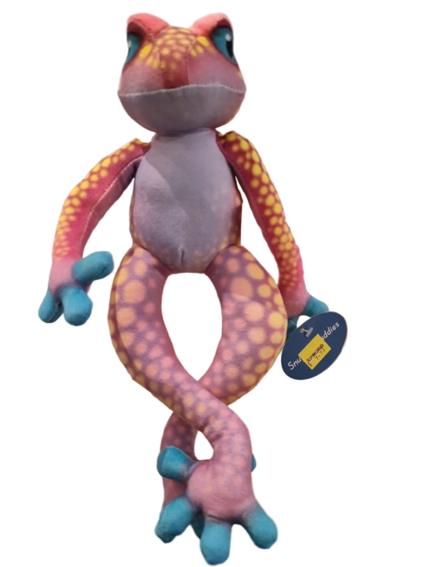A plush gecko toy with pink and purple coloring, orange spots, and blue feet, photographed hanging in a store display.