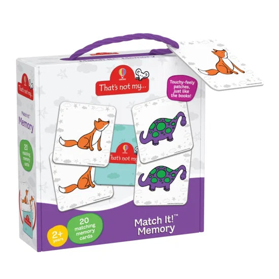 Memory game packaging with fox and dinosaur illustrations on a white background