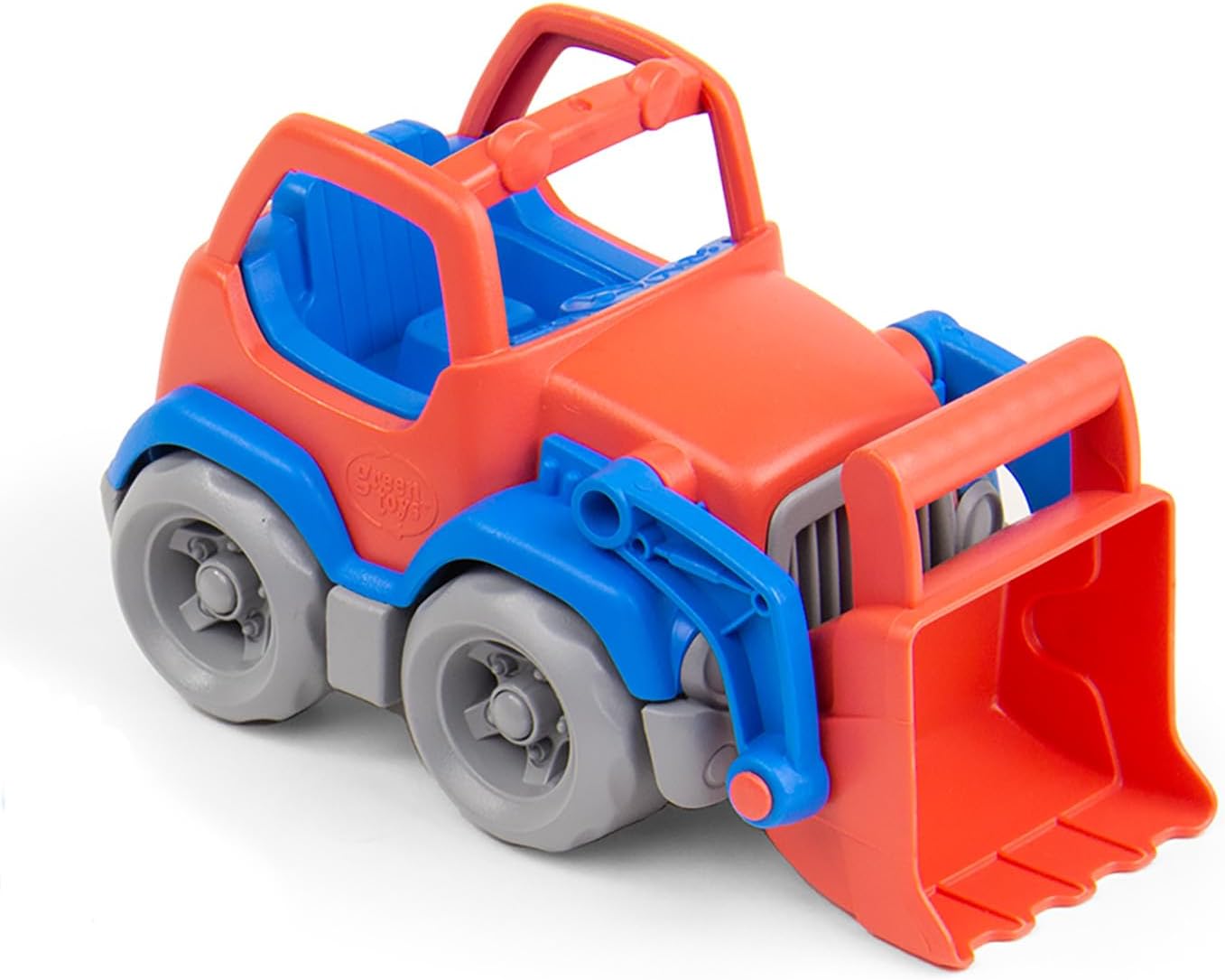 A children's plastic toy construction vehicle with an orange body, blue cabin and front attachments, and gray wheels, photographed on a clean white background.