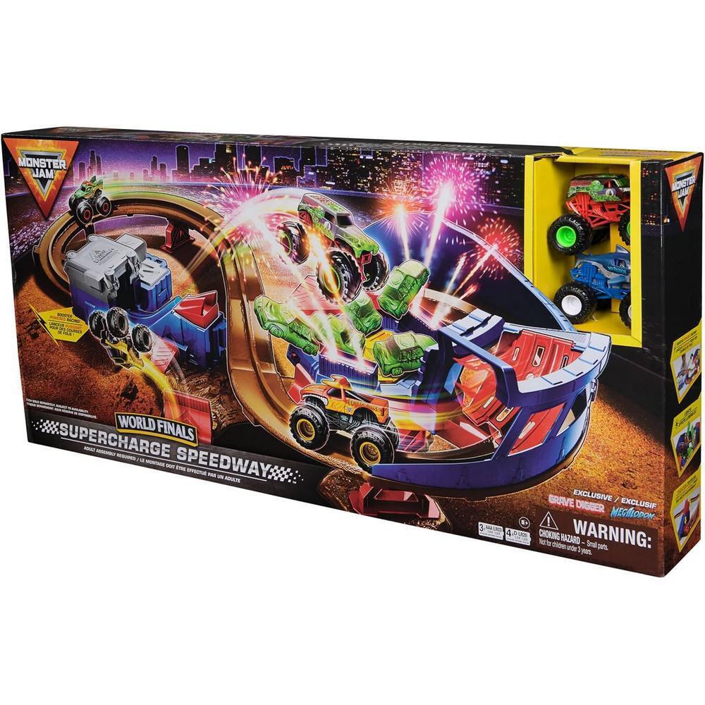 MONSTER JAM 1:64 SUPERCHARGE SPEEDWAY SET - GRAVE DIGGER AND MEGALODON - Toyworld Frankston