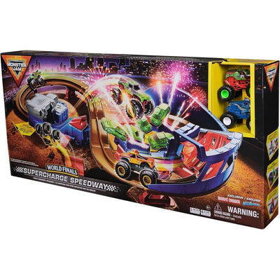 MONSTER JAM 1:64 SUPERCHARGE SPEEDWAY SET - GRAVE DIGGER AND MEGALODON - Toyworld Frankston