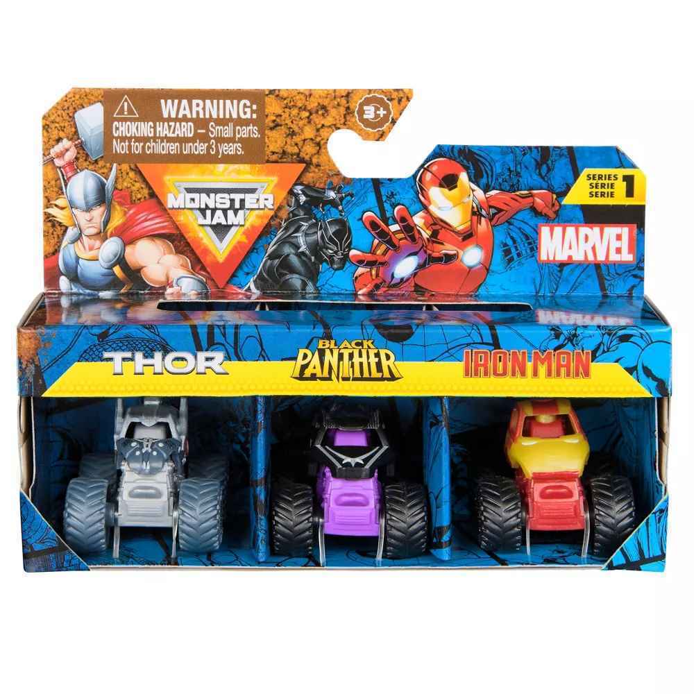 MONSTER JAM MINI MARVEL 3 PACK BUNDLE - THOR / BLACK PANTHER / IRON MAN - Toyworld Frankston