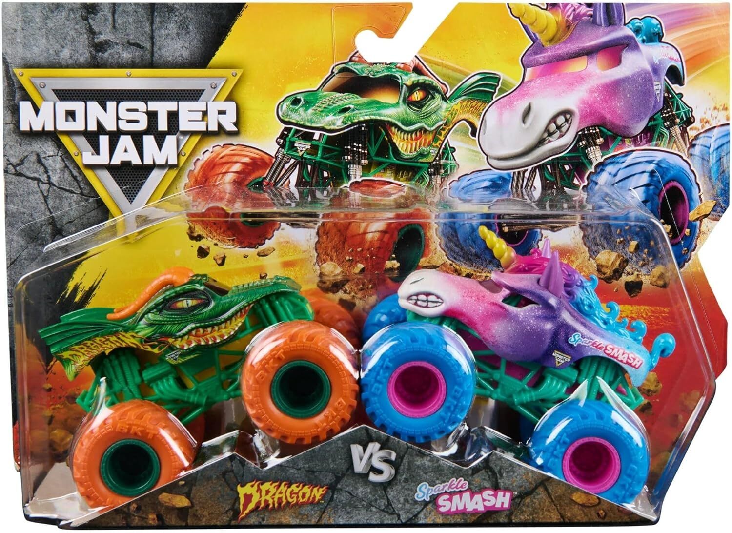 MONSTER JAM 1:64 DIECAST TRUCK 2 PACK - DRAGON AND SPARKLE SMASH - Toyworld Frankston