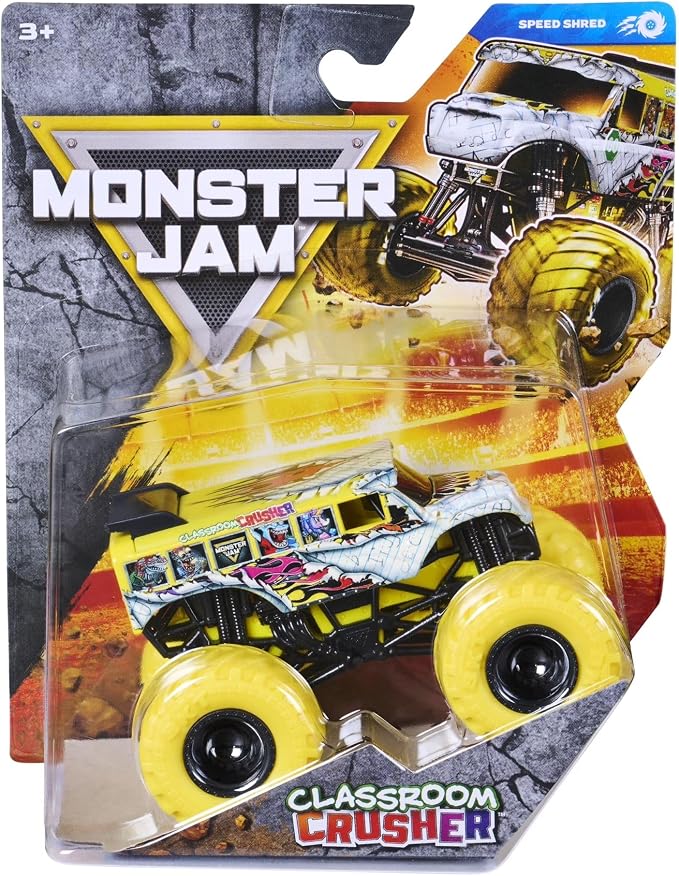 Monster Jam Classroom Crusher toy truck in its original blister card packaging, featuring a yellow and white monster truck with oversized yellow wheels.