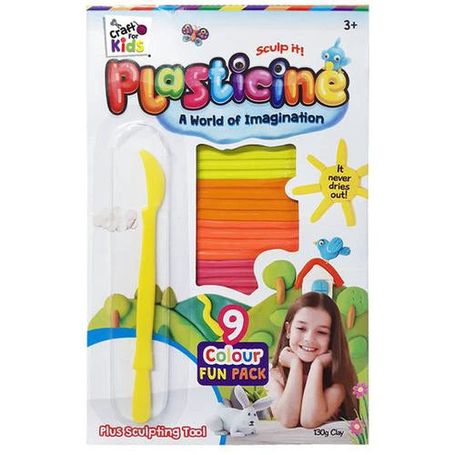 CRAFT FOR KIDS - PLASTICINE 9 COLOUR FUN PACK WITH SCULPTING TOOL