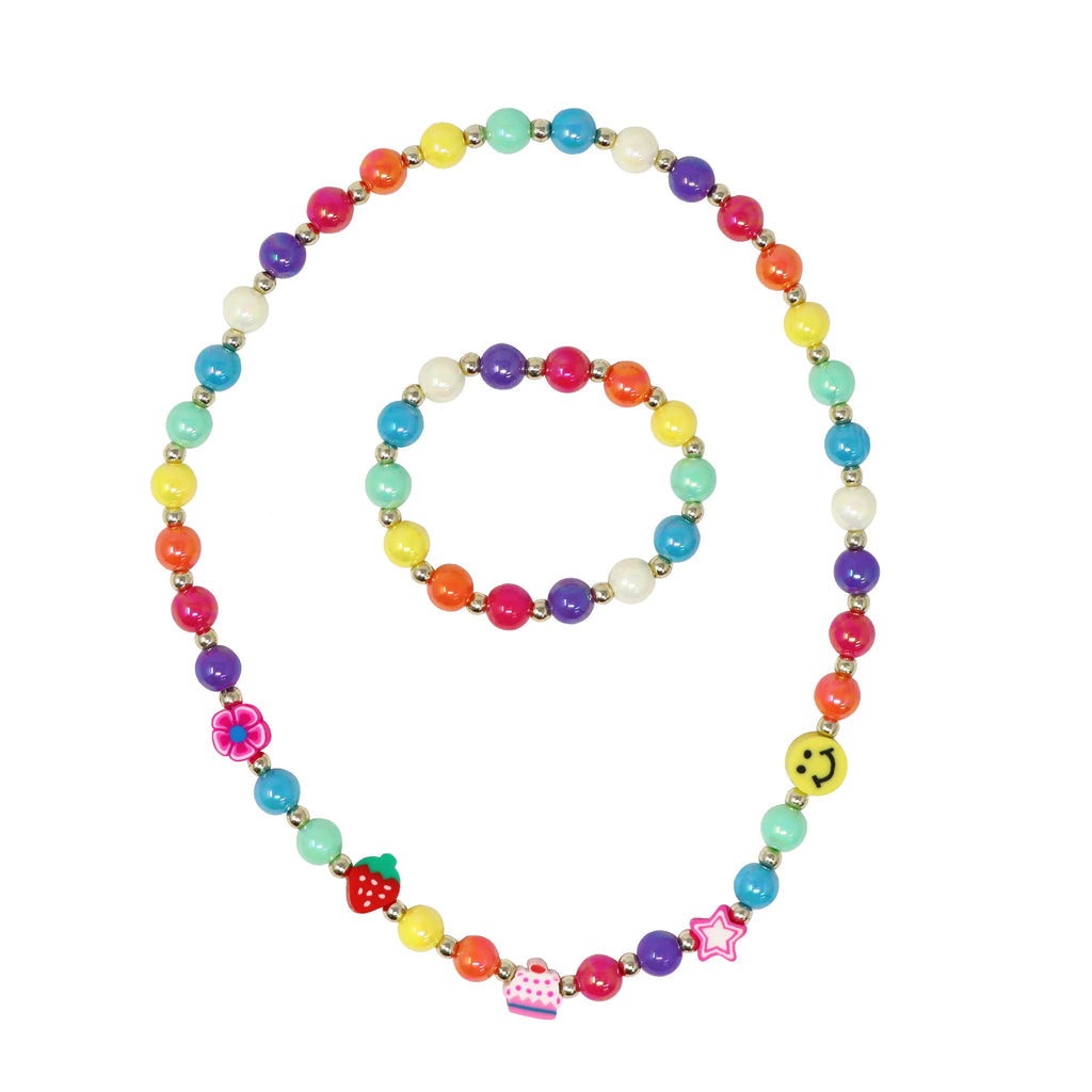PINK POPPY-RAINBOW SMILEY FACE AND FRUIT NECKLACE & BRACELET SET - Toyworld Frankston