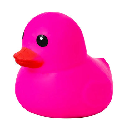 A bright pink rubber duck toy with a red-orange beak and black eyes, shown against a plain white background.