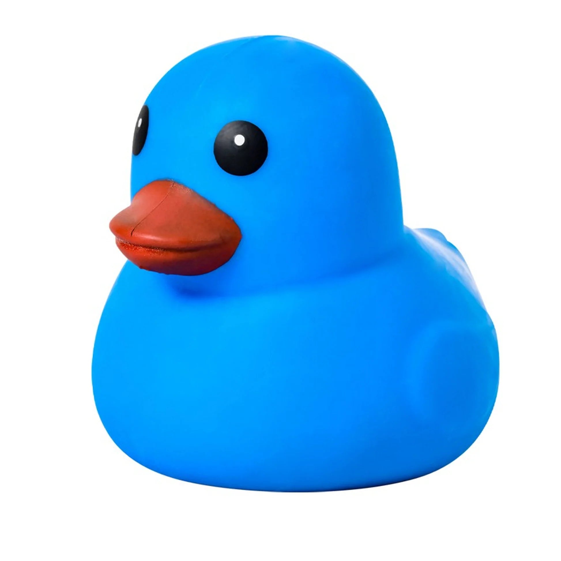 A classic blue rubber duck with a brown-orange beak and black eyes, isolated on a solid white background.
