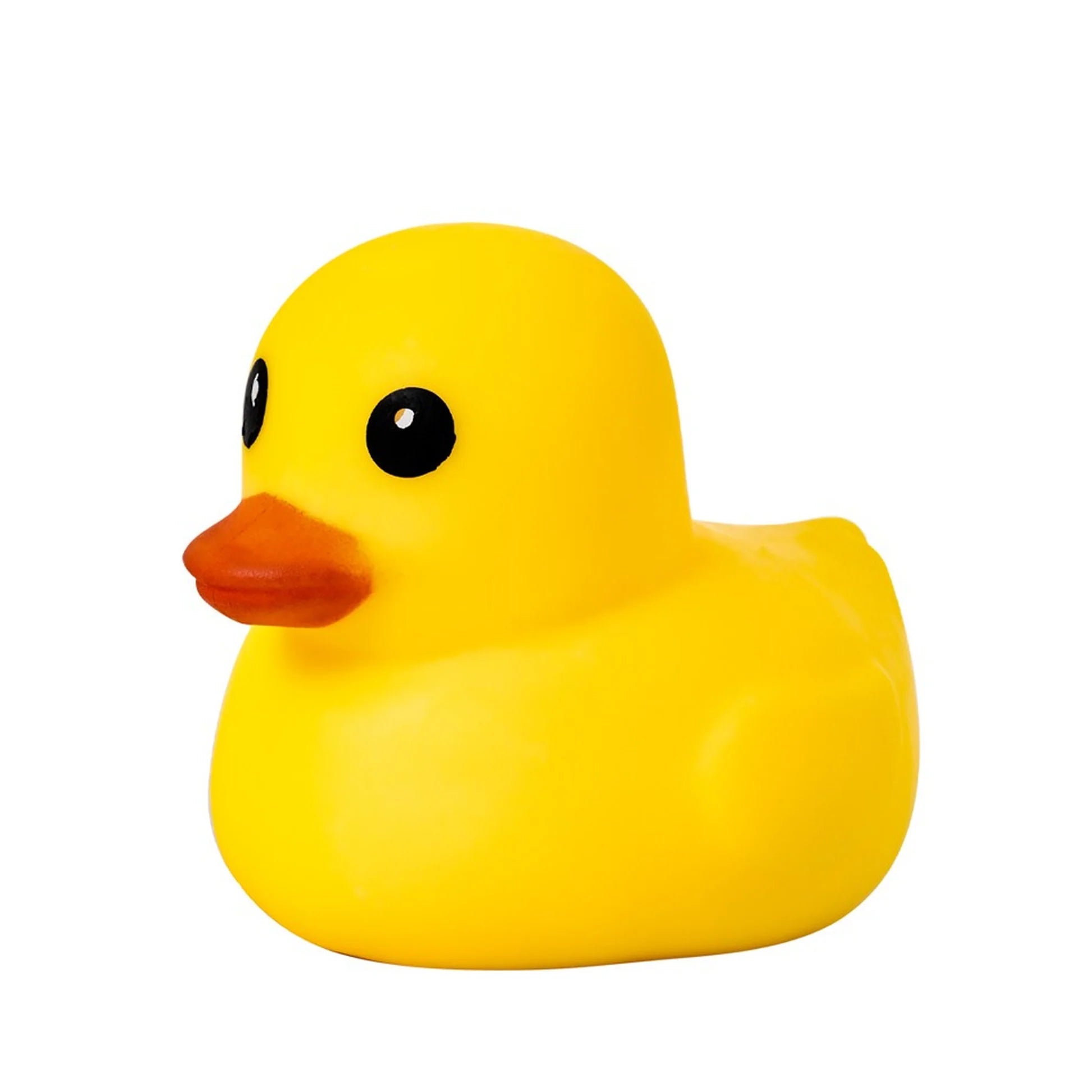 A classic yellow rubber duck with a bright orange beak and black eyes, isolated on a solid white background.