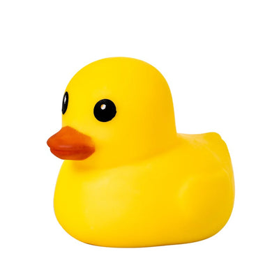 A classic yellow rubber duck with a bright orange beak and black eyes, isolated on a solid white background.