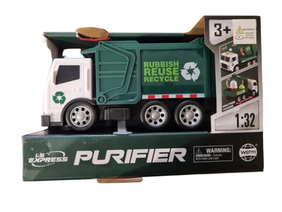 A toy garbage truck set in its original retail packaging, featuring a green and white truck with recycling graphics and the brand name 'Purifier' on the box.