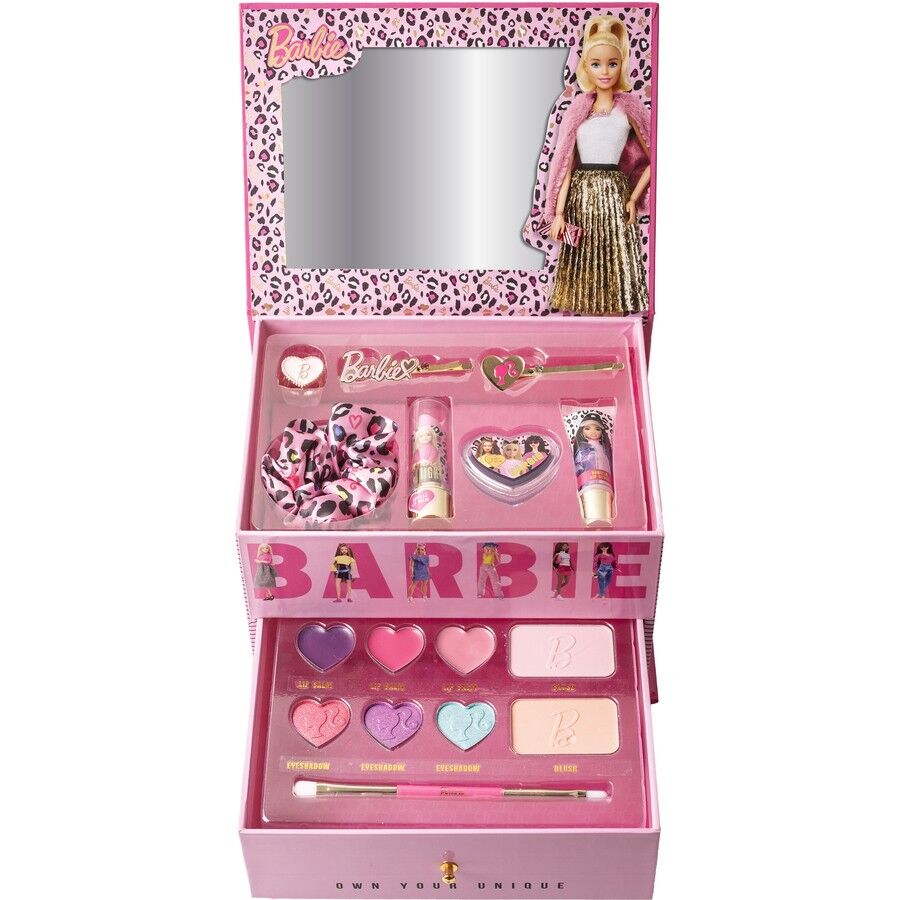 Barbie makeup set with accessories in a pink box.