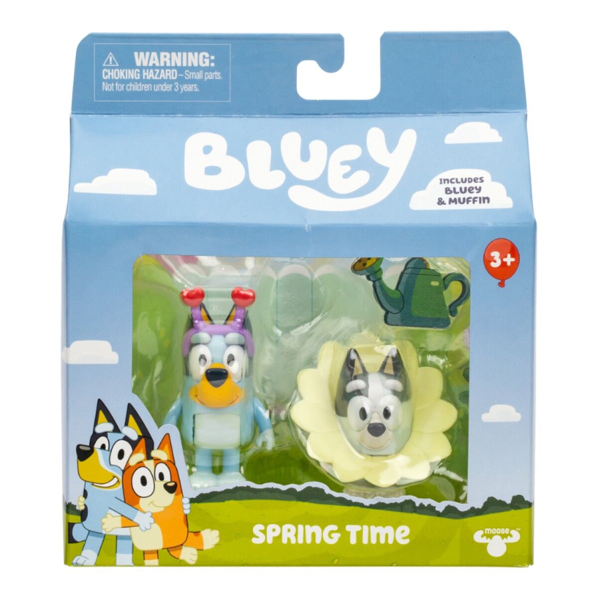 Toy figure set packaging with 'Bluey' branding and character illustrations.