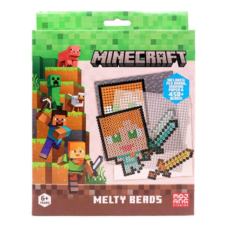 Minecraft Melty Beads kit in its original retail packaging, featuring pixel art characters and a preview of the bead designs on the box.