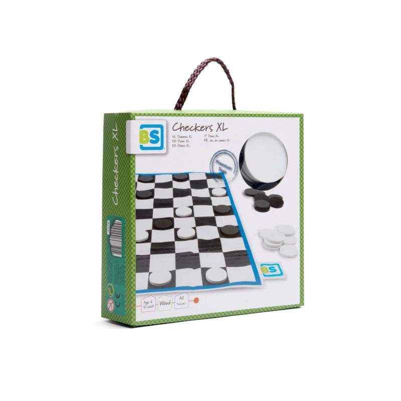 BS TOYS GIANT CHECKERS XL board game, showing the game box with a illustration of the game on the inside, along with a cotton storage bag.
