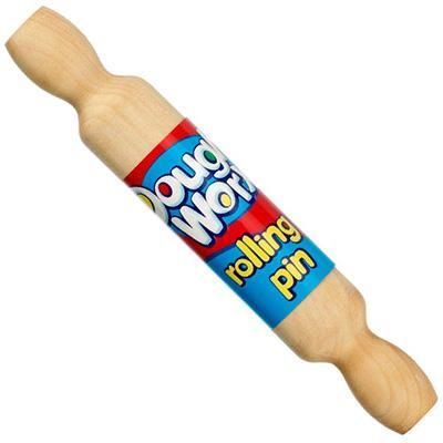 Wooden rolling pin with a colorful label on a white background