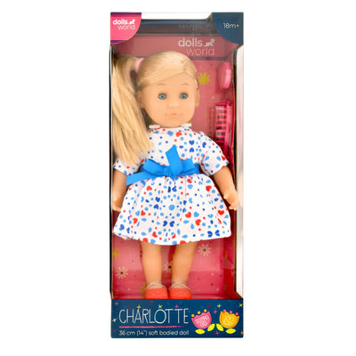 DOLLS WORLD - CHARLOTTE BLONDE 36CM SOFT BODIED DOLL - Toyworld Frankston