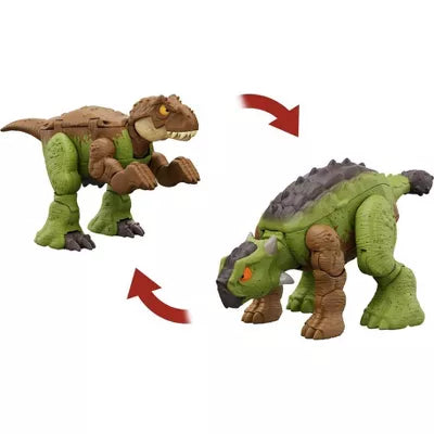 JURASSIC WORLD - FIERCE CHANGERS DOUBLE DANGER GREEN/BROWN - TYRANNOSAURUS REX & ANKYLOSAURUS ACTION FIGURE - Toyworld Frankston