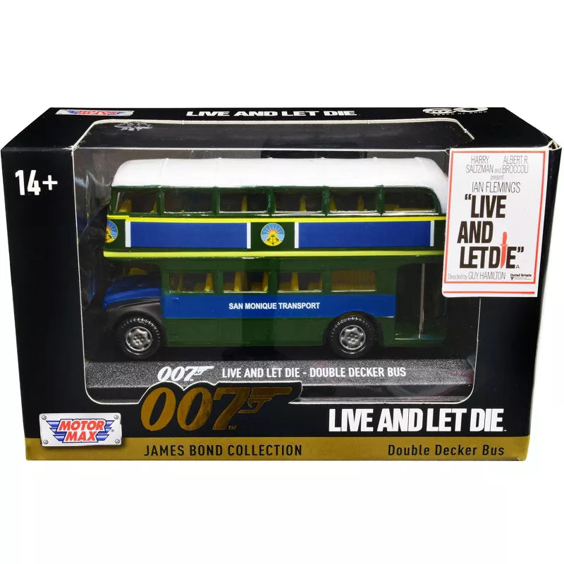 MOTORMAX 5 INCH DIECAST MODEL - JAMES BOND 'LIVE AND LET DIE' (1973) - DOUBLE DECKER BUS - Toyworld Frankston