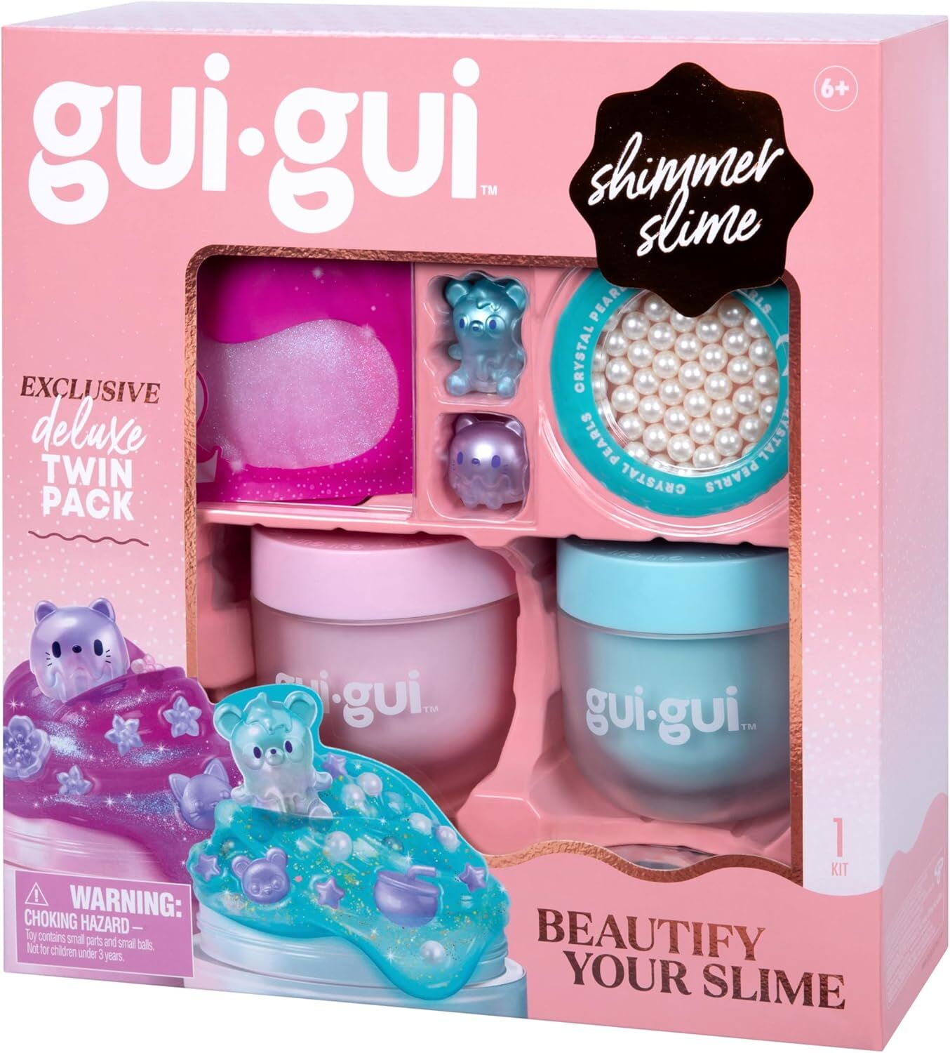 gui-gui slime product packaging with two containers and accessories on a pink background