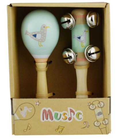 CALM AND BREEZY SEAGULL WOODEN MARACA AND BELL SET-SEAGULL - Toyworld Frankston