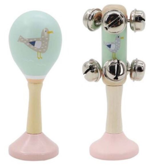 CALM AND BREEZY SEAGULL WOODEN MARACA AND BELL SET-SEAGULL - Toyworld Frankston