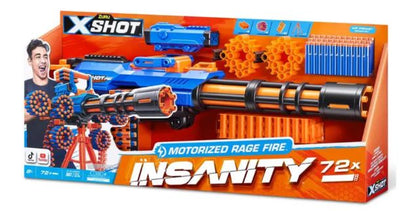 ZURU XSHOT-INSANITY-MOTORISED GATLING BLASTER WITH TRIPOD-72 DARTS - Toyworld Frankston