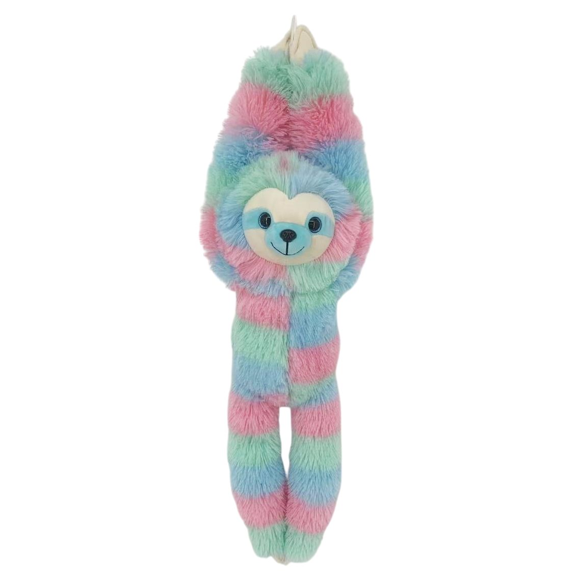 Plush toy sloth with a colorful striped pattern