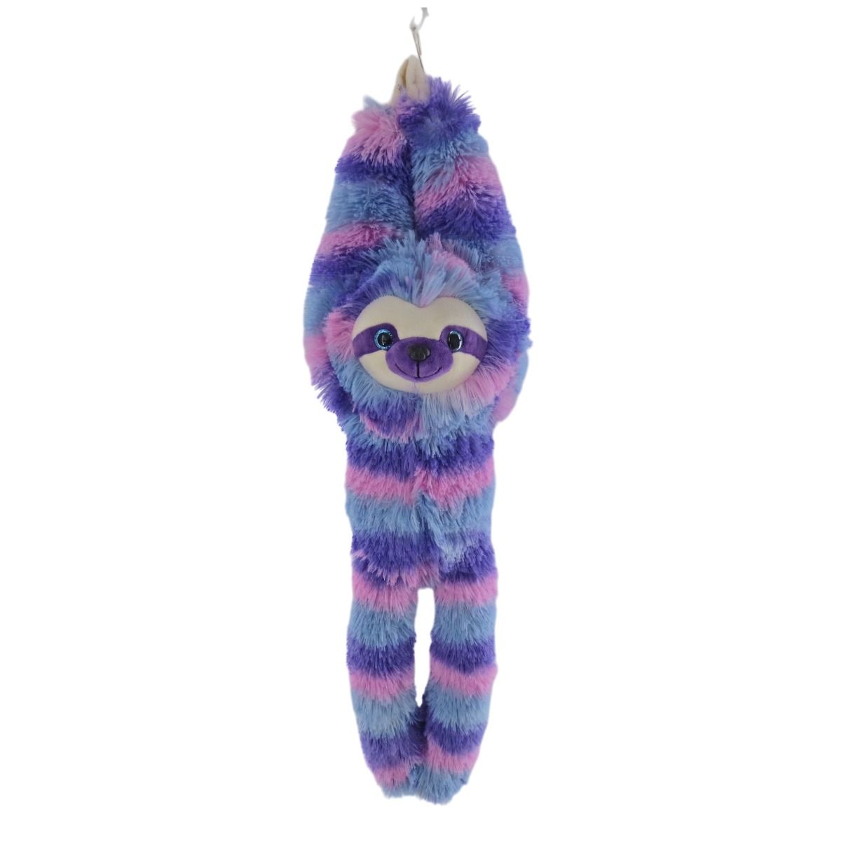 Plush sloth toy with purple and pink stripes