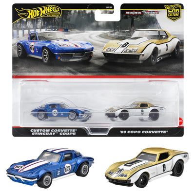 HOT WHEELS PREMIUM 2 PACK CUSTOM CORVETTE STINGRAY COUPE / '69 COPO CORVETTE