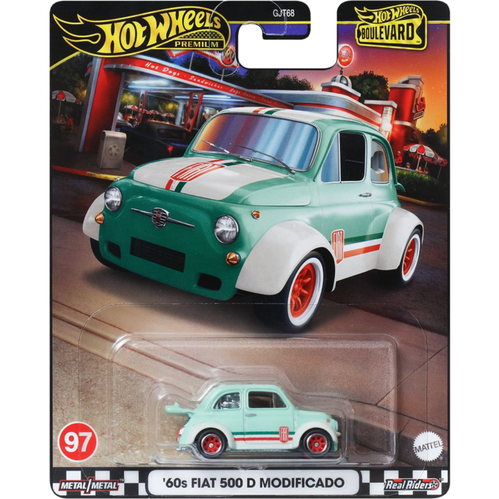 A die-cast model of a '60s Fiat 500 D Modificado Hot Wheels Boulevard series car in green, white, and red colors, featuring authentic Real Riders tires.