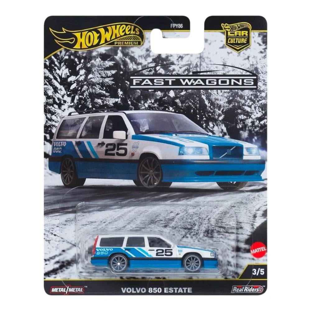 A die-cast Hot Wheels toy car model of a Volvo 850 Estate from the Fast Wagons series, with a blue and white color scheme, number 25, and the Hot Wheels logo.