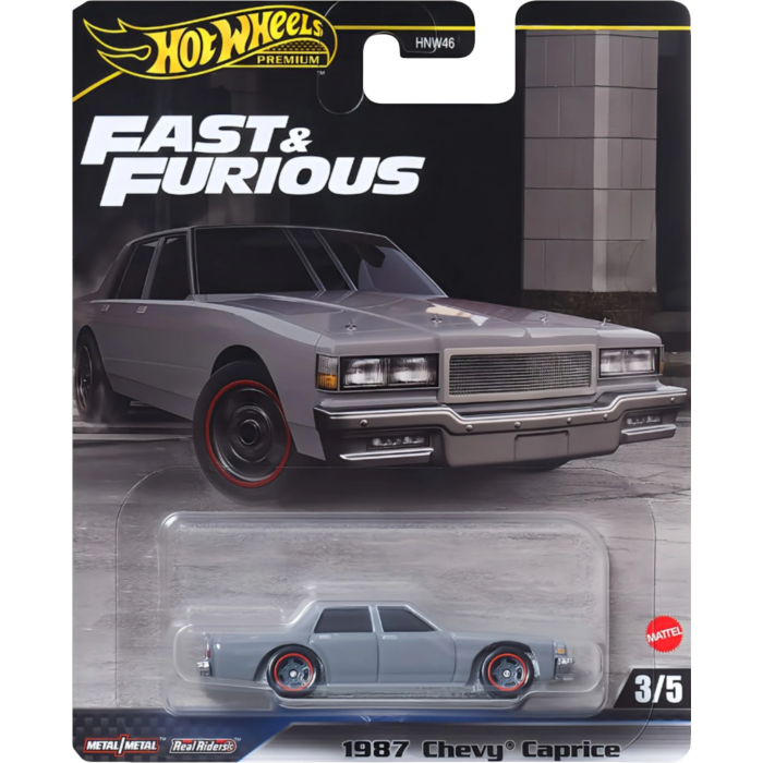 Hot Wheels toy car model representing a 1987 Chevy Caprice, with 'Fast & Furious' branding on the packaging.