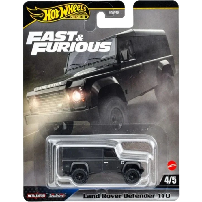 Hot Wheels Land Rover Defender 110 toy car in packaging with 'Fast & Furious' branding.