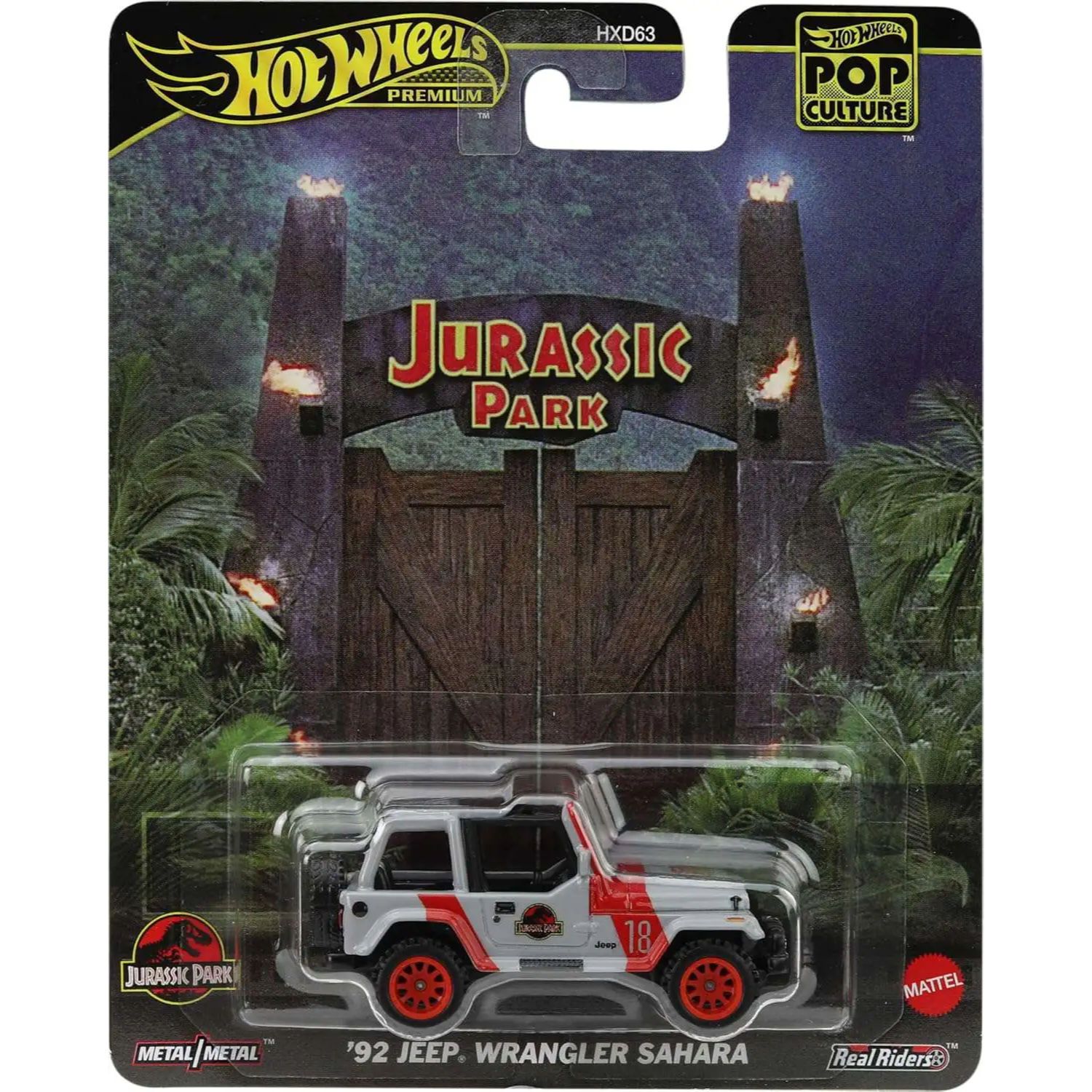 Hot Wheels '92 Jeep Wrangler Sahara in front of Jurassic Park gate packaging