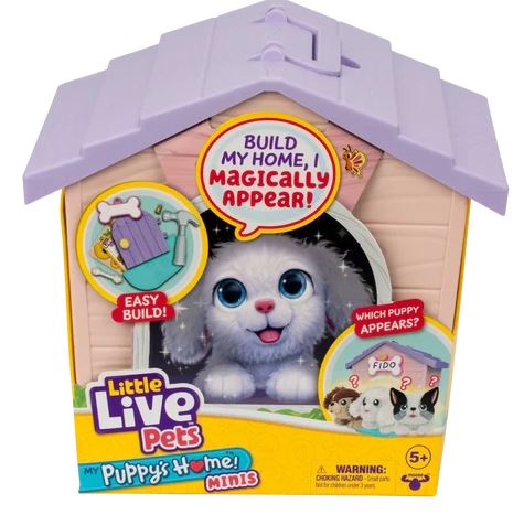 Packaging for 'LITTLE LIVE PETS - PUPPY'S HOME MINIS LONG HAIR DESIGN' with a pink roof, featuring a cartoon image of a puppy and the text 'Build My Home, I'll Magic Appear!'.