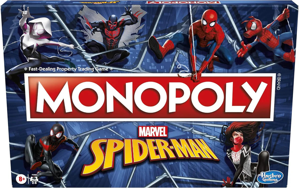Monopoly Marvel Spider-Man board game box with characters and Hasbro logo.