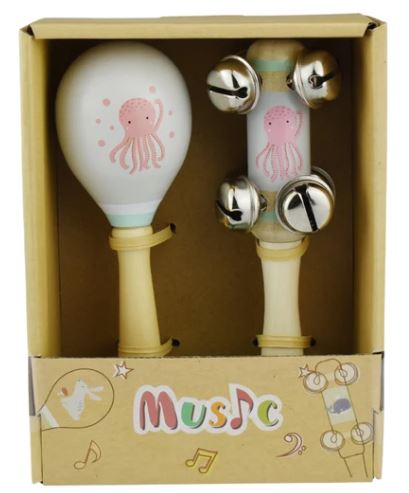 CALM AND BREEZY SEAGULL WOODEN MARACA AND BELL SET-OCTOPUS - Toyworld Frankston
