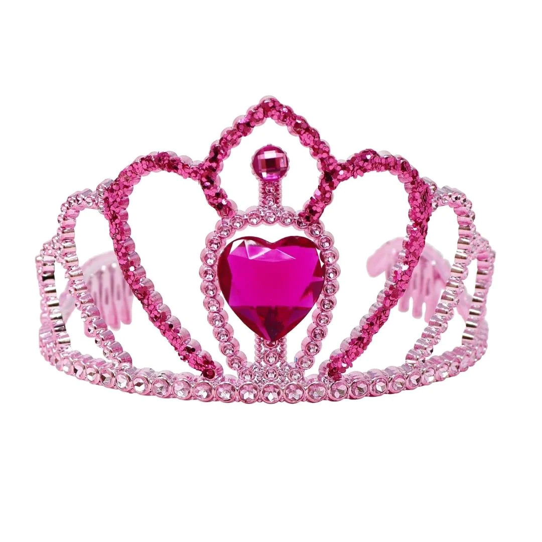 PINK POPPY PRINCESS ROSE CROWN WITH HEART GEMSTONE AND GLITTER - Toyworld Frankston